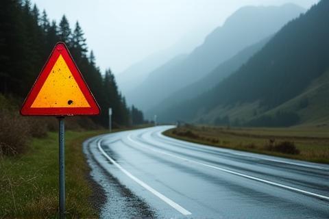 Warning sign and wet Austrian mountain road