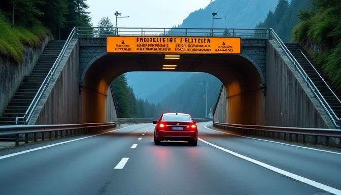 Car entering a tunnel in Austria with toll sign visible